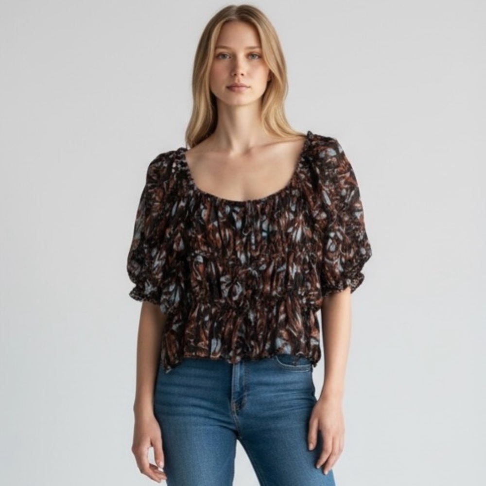 House of Harlow 1960 Blue and Brown Patterned Blouse